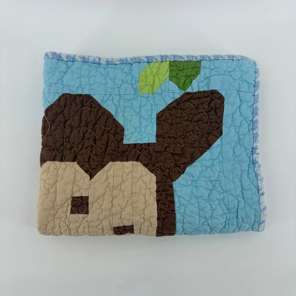 Handmade Monkey Pixel Block Quilt Small Baby Blanket Wall Hanging Blue Brown 21